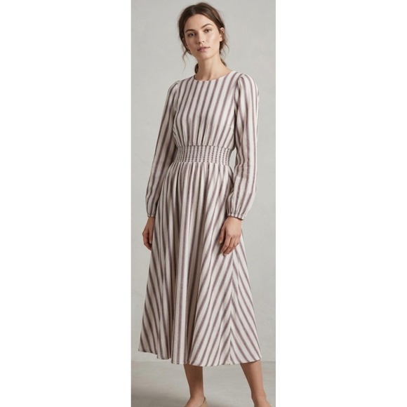 Petal & Pup Dresses & Skirts - Petal & Pup Striped Smocked Waist Linen Blend Midi Dress Burgundy Neutral XL NEW